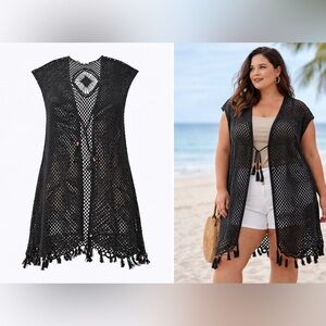 Boho Black Crochet Mesh Kimono Cover-Up Tassel Hem Plus Size 2X